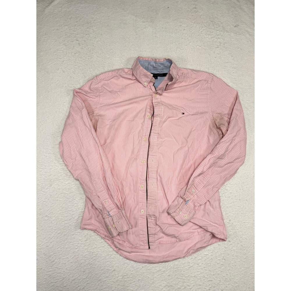 Tommy Hilfiger Mens Pink White Striped Button Down Shirt Long Sleeve Small